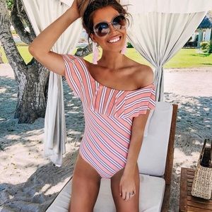 TOPSHOP Ruffle Off the Shoulder One-Piece Swimsuit